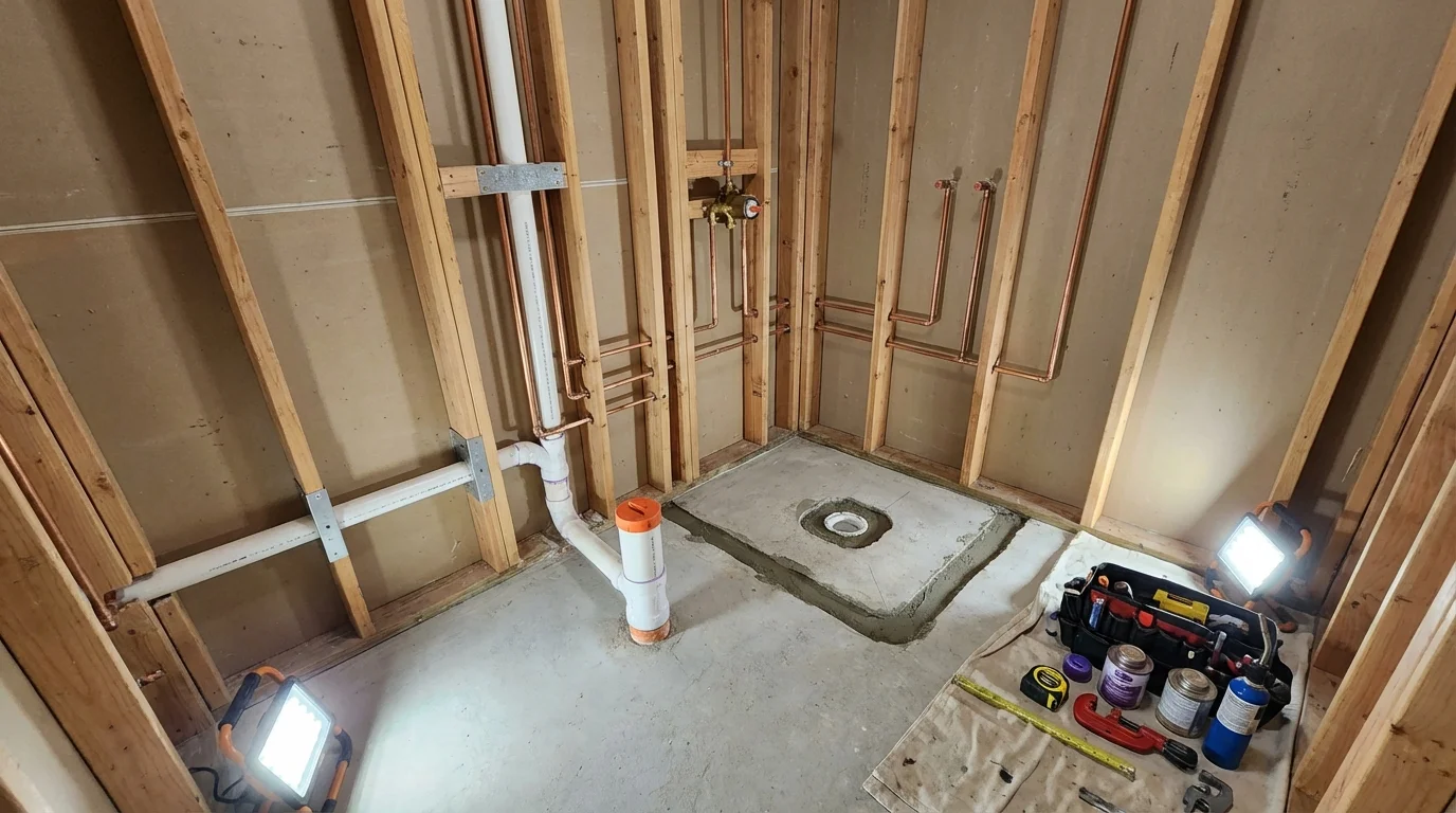 Bathroom rough-in plumbing during remodel by Johns Plumbing LLC in Marcus Hook