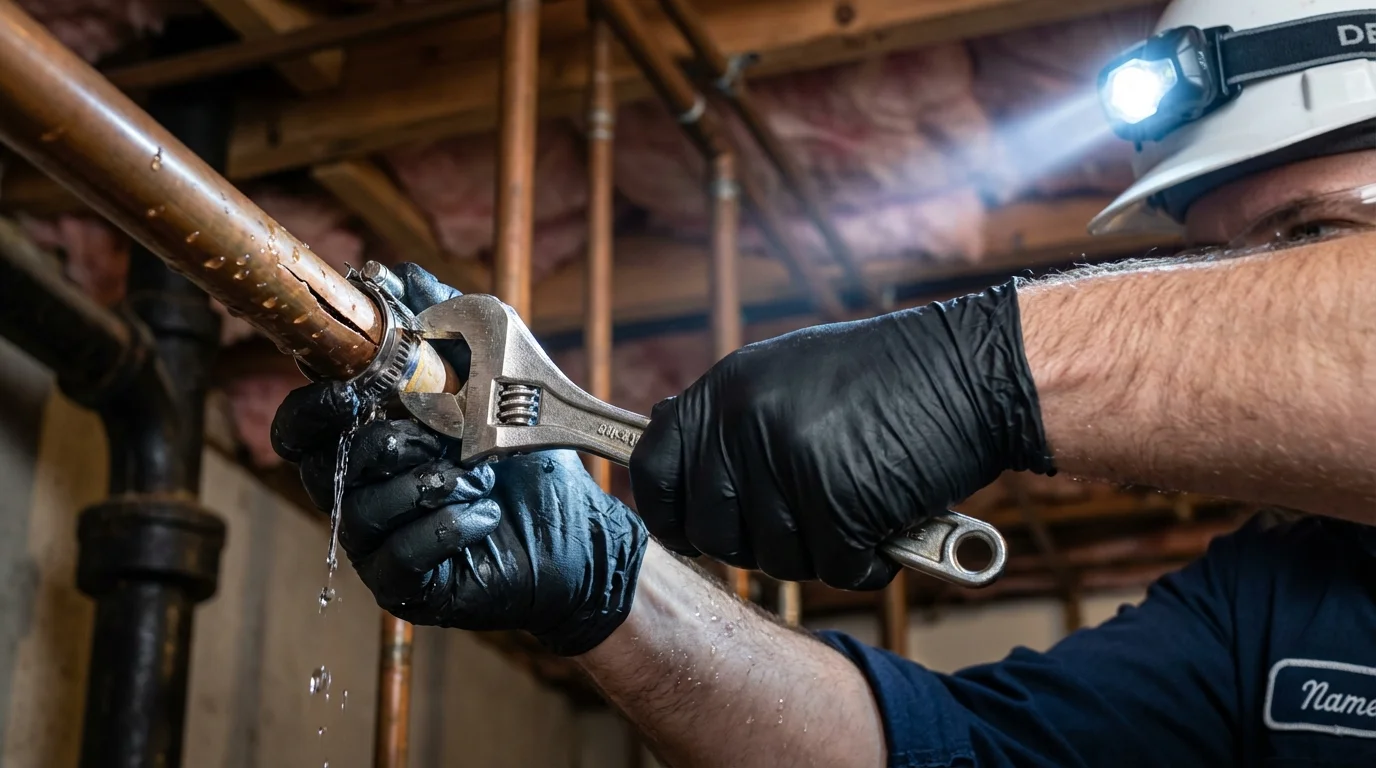 Emergency pipe clamp repair being performed by a Johns Plumbing LLC plumber in Marcus Hook