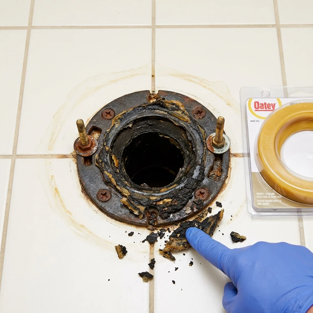 Failed wax ring showing water seepage at the base of a toilet in a Marcus Hook, PA home