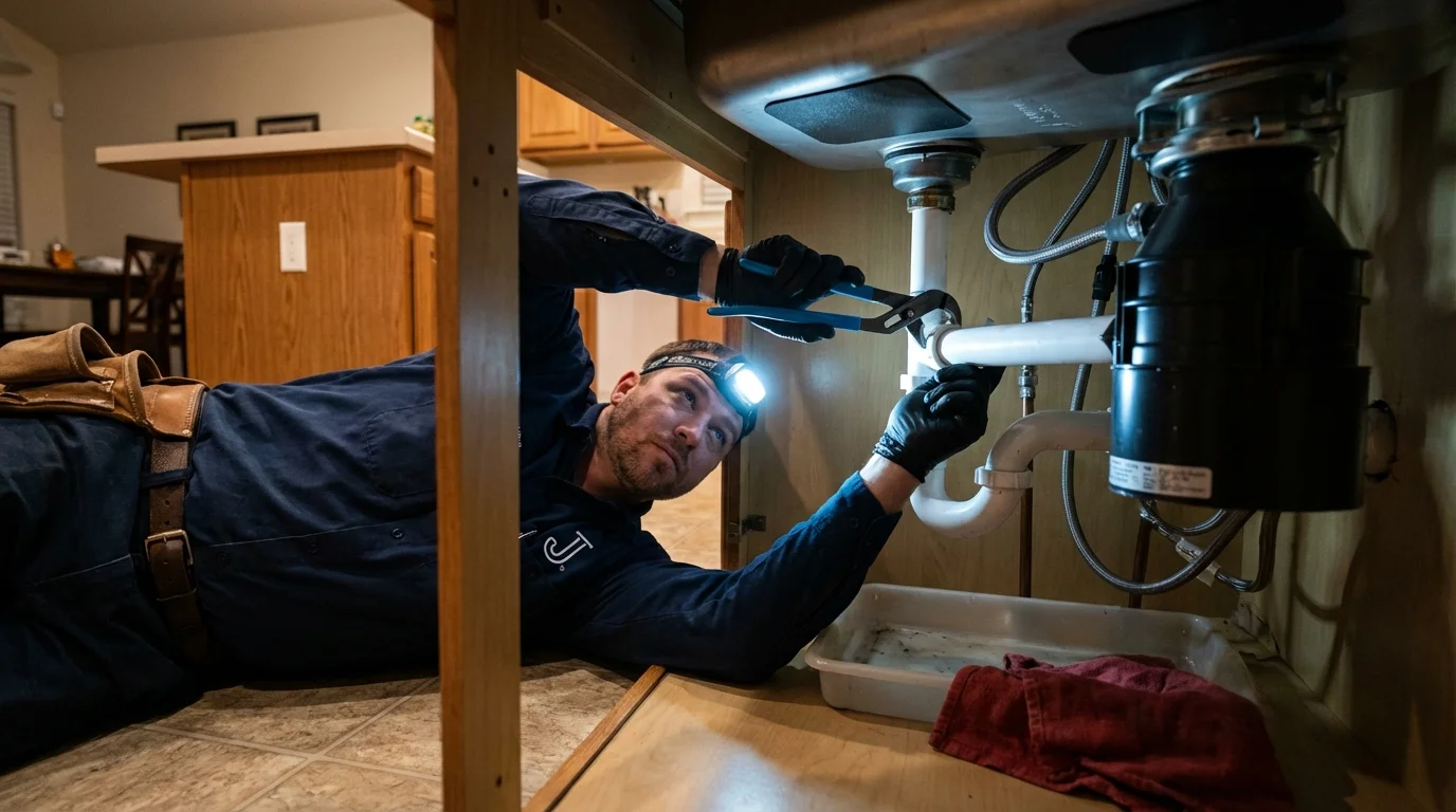 P-trap and supply line connections under a kitchen sink showing a common leak point in Marcus Hook, PA